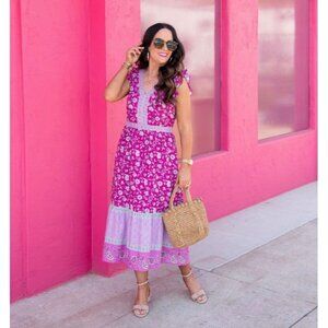 LOFT Women's Border Ruffle Floral V-Neck Sleeveless Midi Dress Size 10